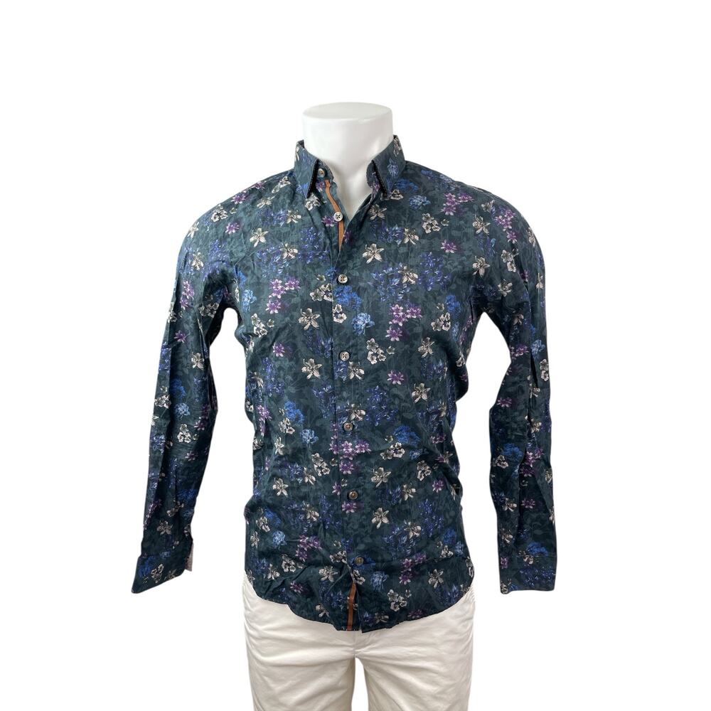 Ted Baker Men's Blue Floral Long Sleeve Modern Fit Button Down Shirt Top Size 15